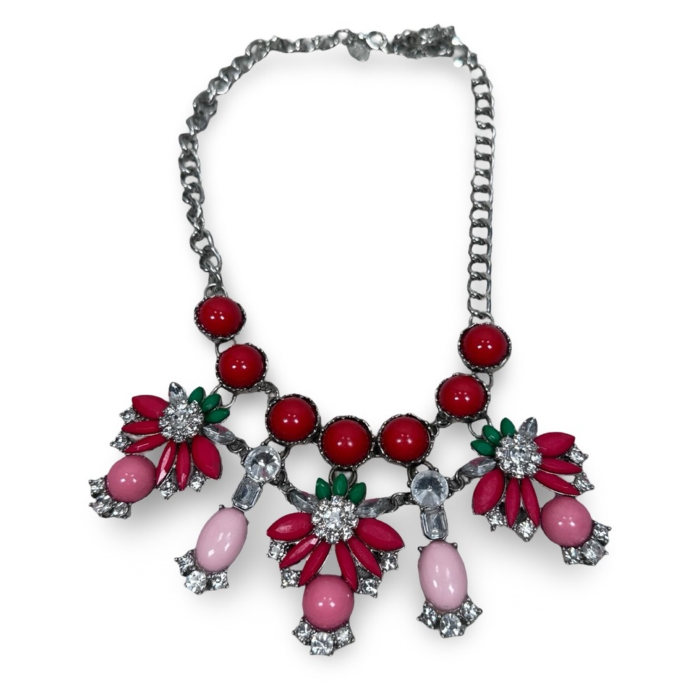 Charming Charlie Floral Statement Necklace Red Pink Green Silver Tone Rhinestone